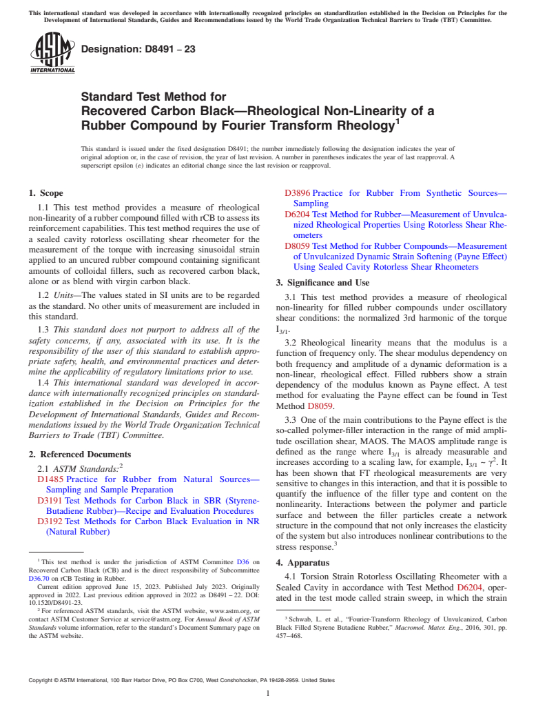 ASTM D8491-23 - Standard Test Method for Recovered Carbon Black—Rheological Non-Linearity of  a Rubber Compound by Fourier Transform Rheology