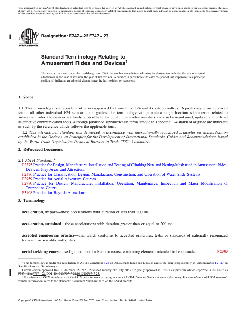 REDLINE ASTM F747-23 - Standard Terminology Relating to Amusement Rides and Devices