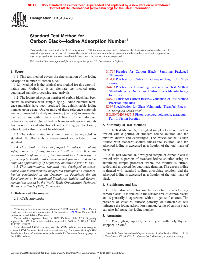 ASTM D1510-23 - Standard Test Method for  Carbon Black—Iodine Adsorption Number