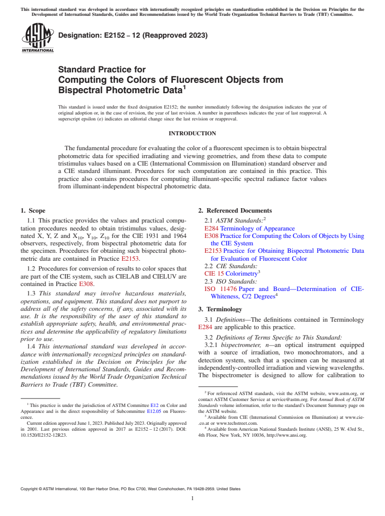 ASTM E2152-12(2023) - Standard Practice for Computing the Colors of Fluorescent Objects from Bispectral Photometric  Data