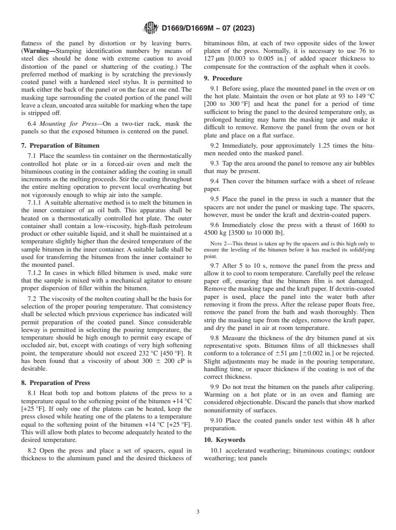 ASTM D1669/D1669M-07(2023) - Standard Practice for  Preparation of Test Panels for Accelerated and Outdoor Weathering  of Bituminous Coatings