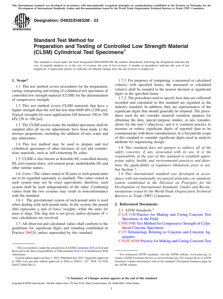 ASTM D4832/D4832M-23 - Standard Test Method for  Preparation and Testing of Controlled Low Strength Material   (CLSM) Cylindrical Test Specimens