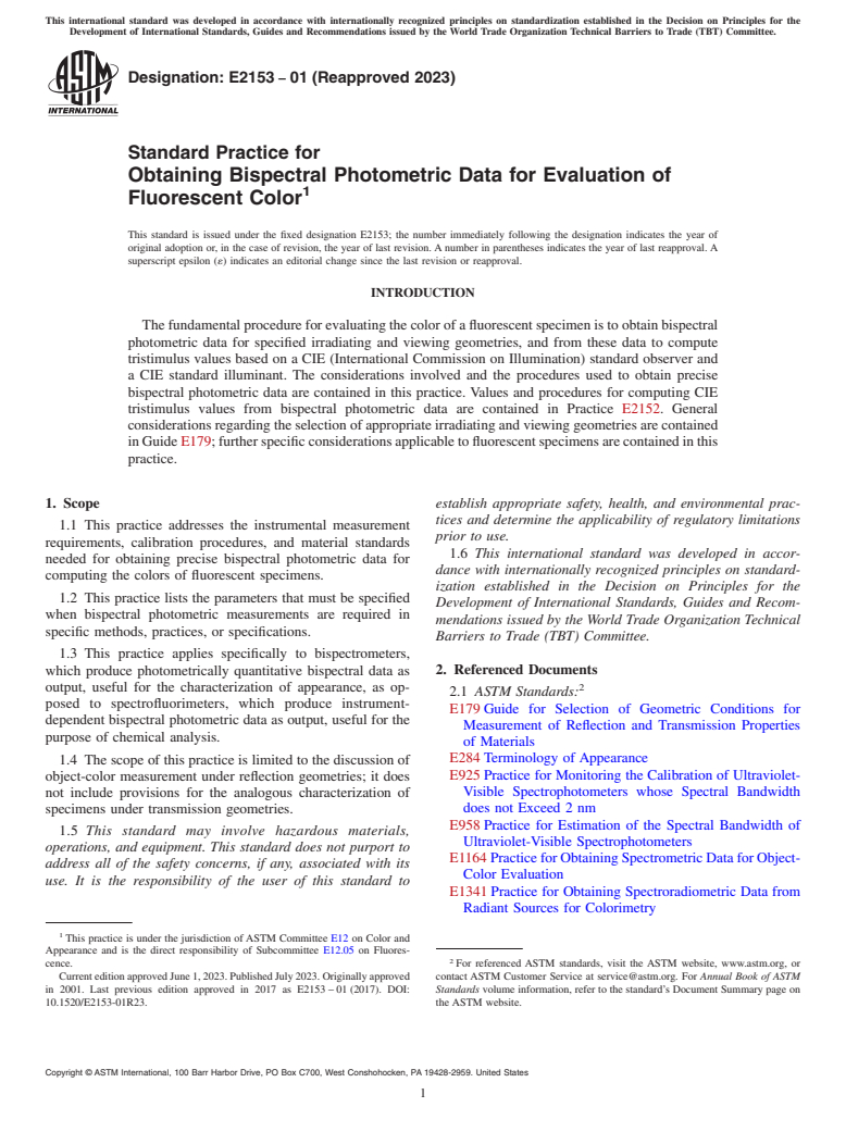 ASTM E2153-01(2023) - Standard Practice for Obtaining Bispectral Photometric Data for Evaluation of Fluorescent   Color