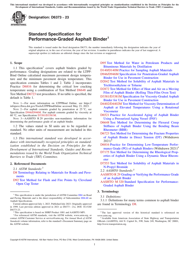 ASTM D6373-23 - Standard Specification for Performance-Graded Asphalt Binder