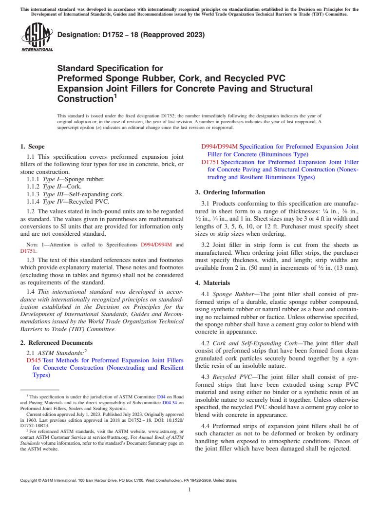 ASTM D1752-18(2023) - Standard Specification for  Preformed Sponge Rubber, Cork, and Recycled PVC Expansion Joint  Fillers for Concrete Paving and Structural Construction