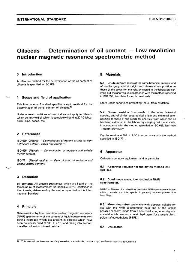 ISO 5511:1984 - Oilseeds -- Determination of oil content -- Low resolution nuclear magnetic resonance spectrometric method