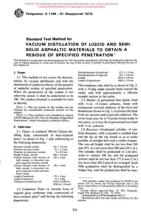 ASTM D1189-61(1973) - Method of Test for Vacuum Distillation of Liquid and Semi-Solid Asphaltic Materials to Obtain a Residue of Specified Penetration (Withdrawn 1979)