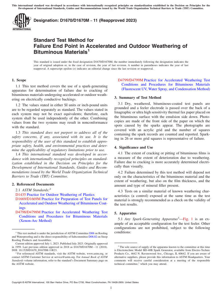 ASTM D1670/D1670M-11(2023) - Standard Test Method for  Failure End Point in Accelerated and Outdoor Weathering of  Bituminous Materials