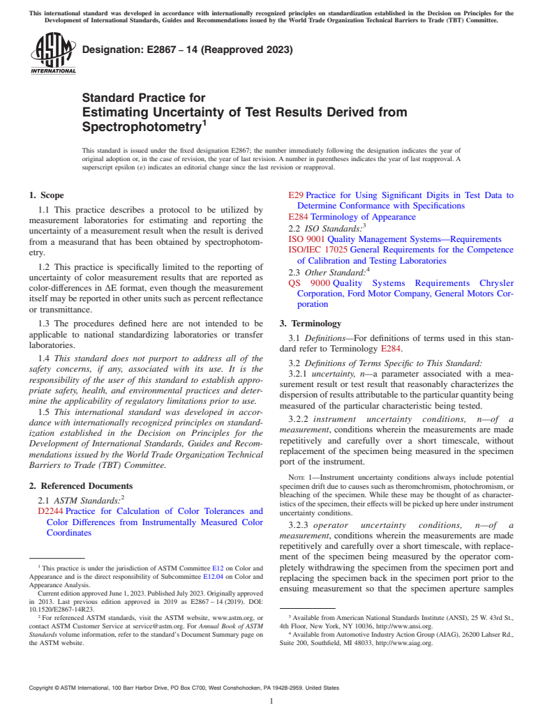 ASTM E2867-14(2023) - Standard Practice for Estimating Uncertainty of Test Results Derived from Spectrophotometry