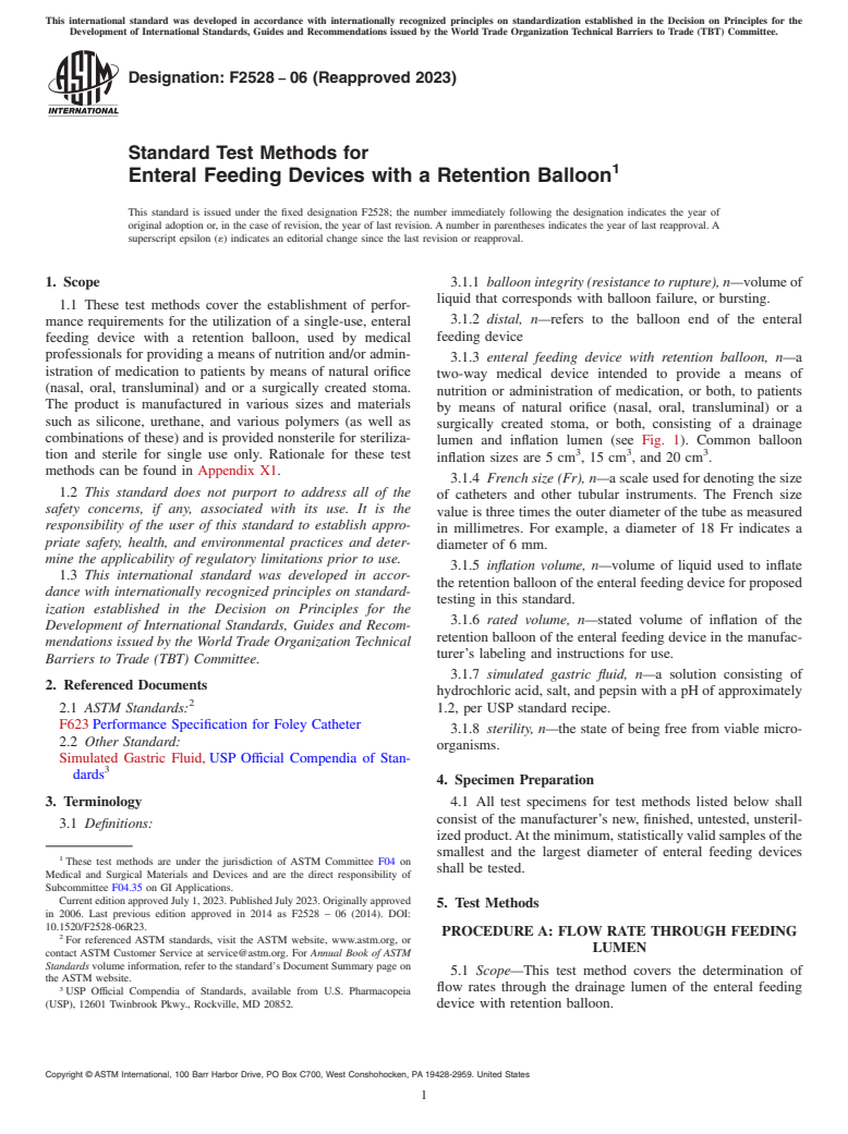 ASTM F2528-06(2023) - Standard Test Methods for Enteral Feeding Devices with a Retention Balloon