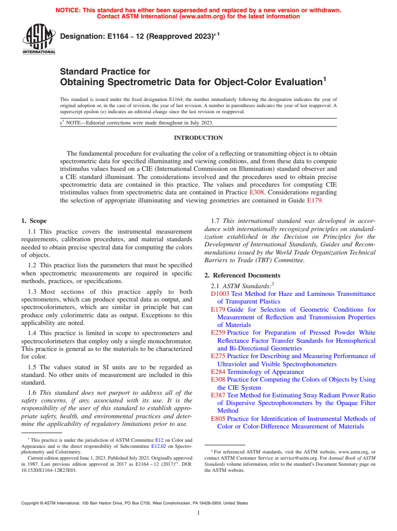 ASTM E1164-12(2023)e1 - Standard Practice for Obtaining Spectrometric Data for Object-Color Evaluation