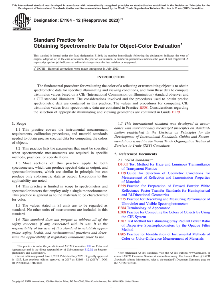 ASTM E1164-12(2023)e1 - Standard Practice for Obtaining Spectrometric Data for Object-Color Evaluation