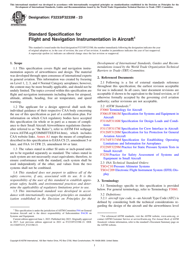 ASTM F3233/F3233M-23 - Standard Specification for Flight and Navigation Instrumentation in Aircraft