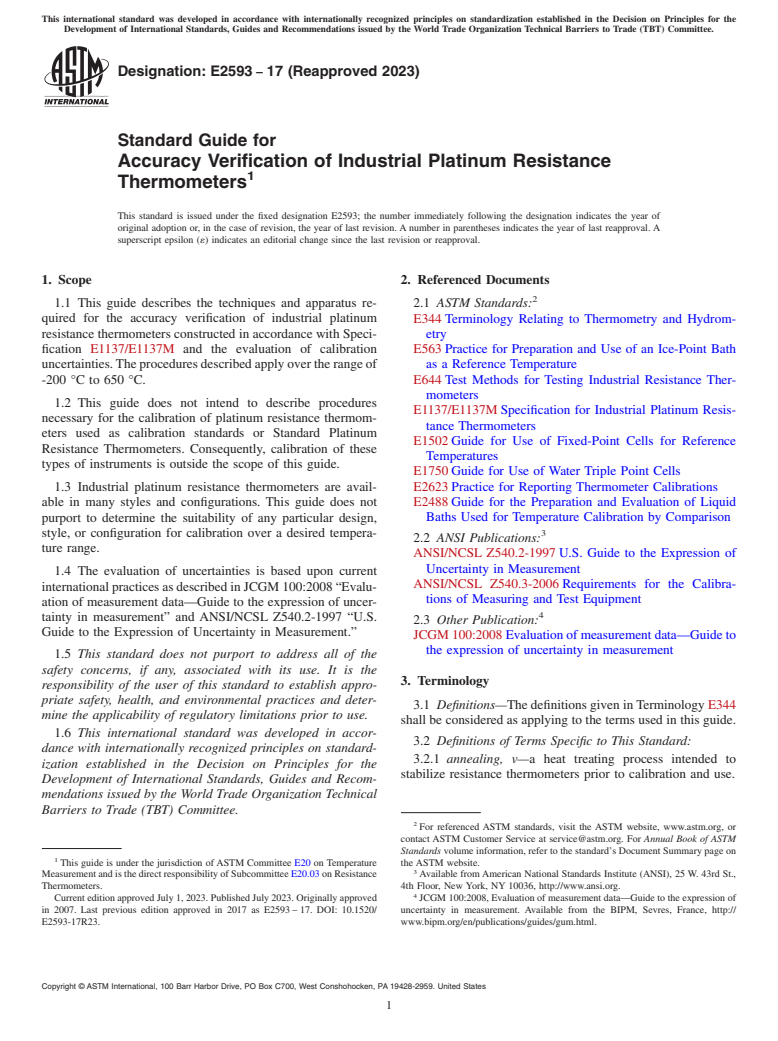 ASTM E2593-17(2023) - Standard Guide for  Accuracy Verification of Industrial Platinum Resistance Thermometers