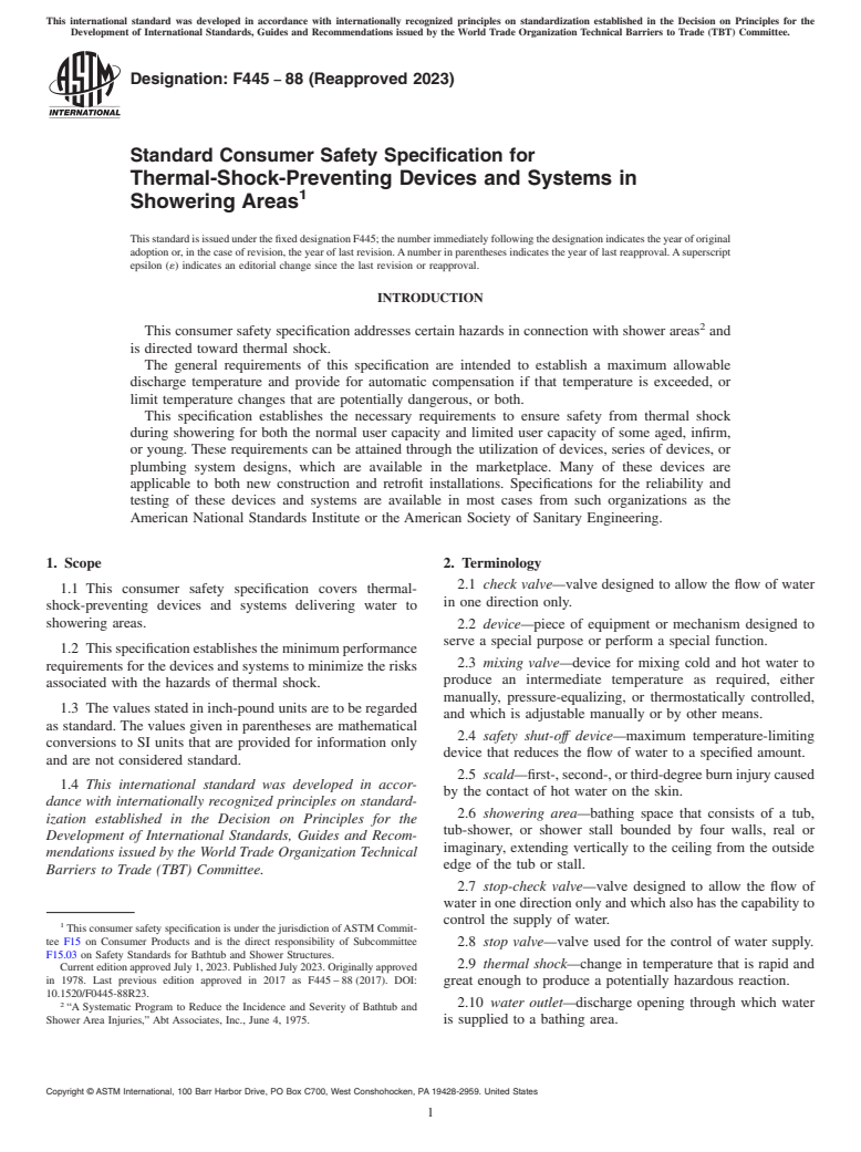 ASTM F445-88(2023) - Standard Consumer Safety Specification for  Thermal-Shock-Preventing Devices and Systems in Showering Areas