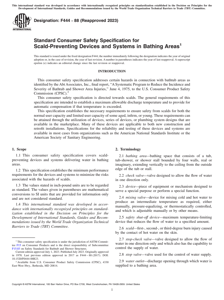 ASTM F444-88(2023) - Standard Consumer Safety Specification for  Scald-Preventing Devices and Systems in Bathing Areas
