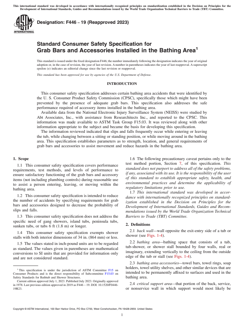 ASTM F446-19(2023) - Standard Consumer Safety Specification for  Grab Bars and Accessories Installed in the Bathing Area