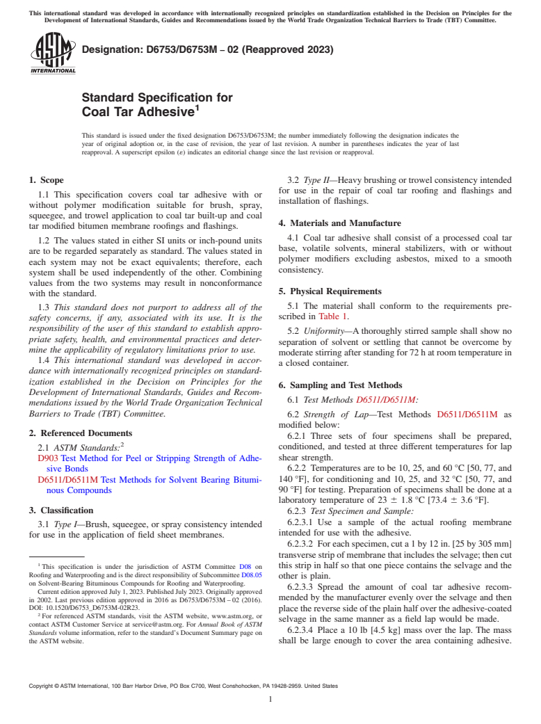 ASTM D6753/D6753M-02(2023) - Standard Specification for  Coal Tar Adhesive