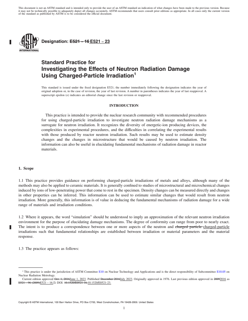 REDLINE ASTM E521-23 - Standard Practice for  Investigating the Effects of Neutron Radiation Damage Using  Charged-Particle Irradiation