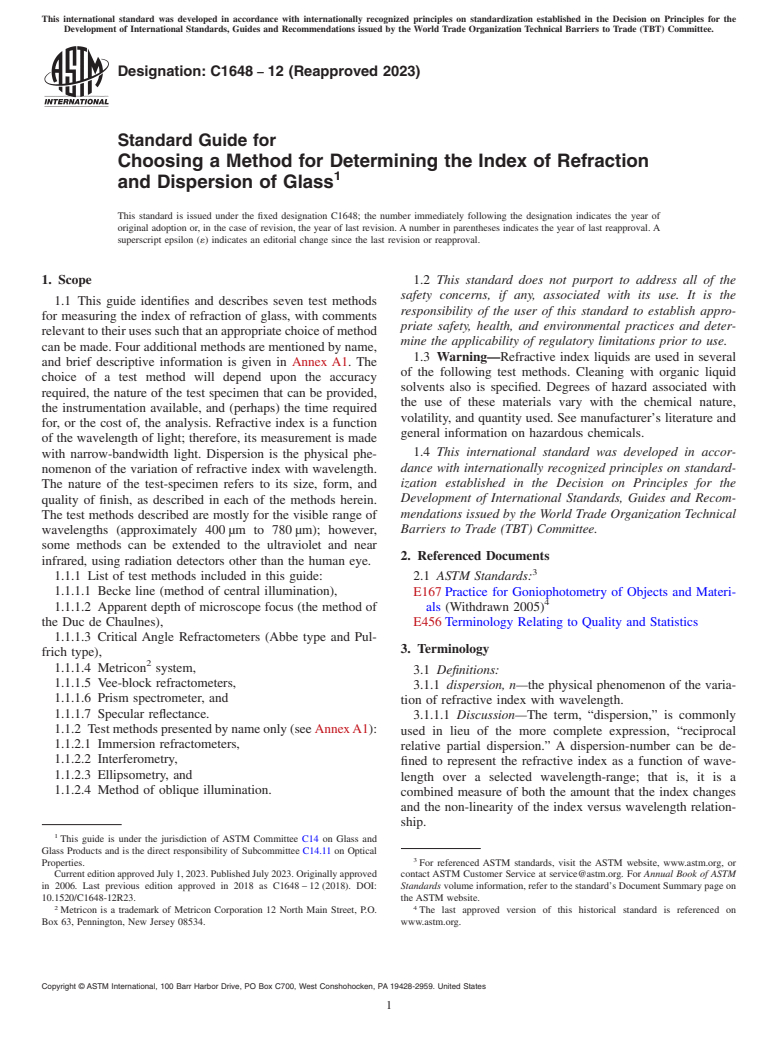 ASTM C1648-12(2023) - Standard Guide for  Choosing a Method for Determining the Index of Refraction and  Dispersion of Glass