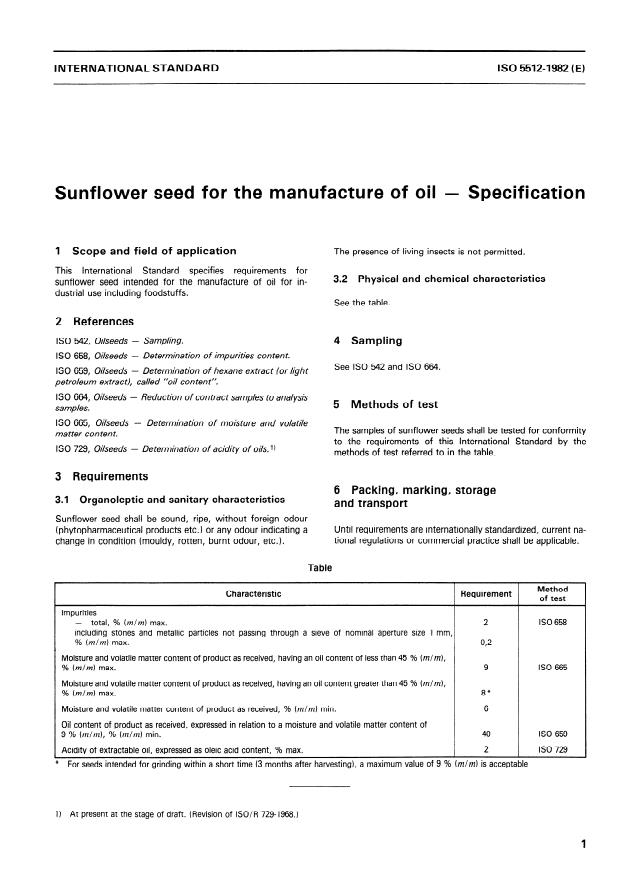 ISO 5512:1982 - Sunflower seed for the manufacture of oil -- Specification