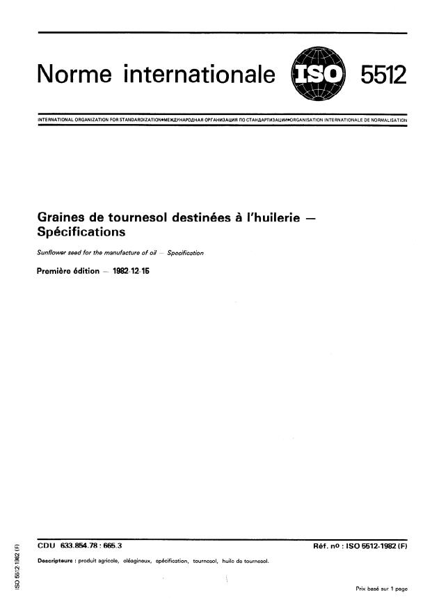 ISO 5512:1982 - Graines de tournesol destinées a l'huilerie -- Spécifications