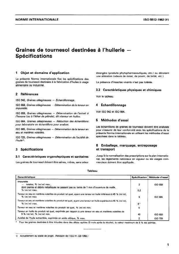 ISO 5512:1982 - Graines de tournesol destinées a l'huilerie -- Spécifications