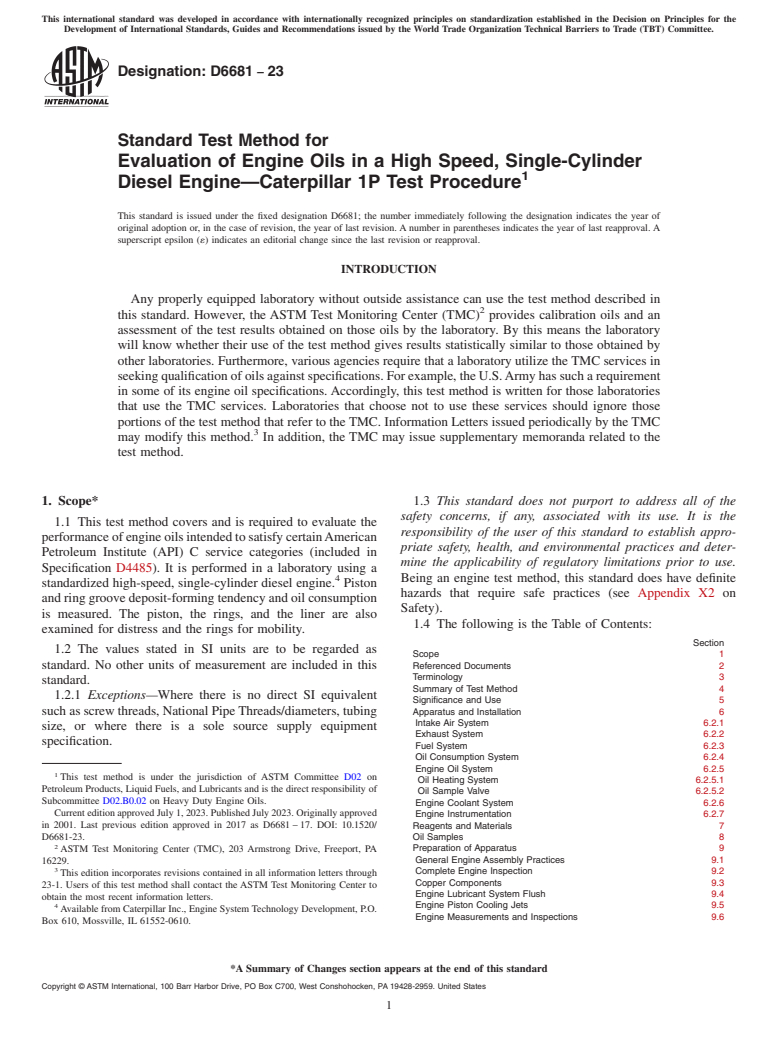 ASTM D6681-23 - Standard Test Method for  Evaluation of Engine Oils in a High Speed, Single-Cylinder   Diesel Engine—Caterpillar 1P Test Procedure