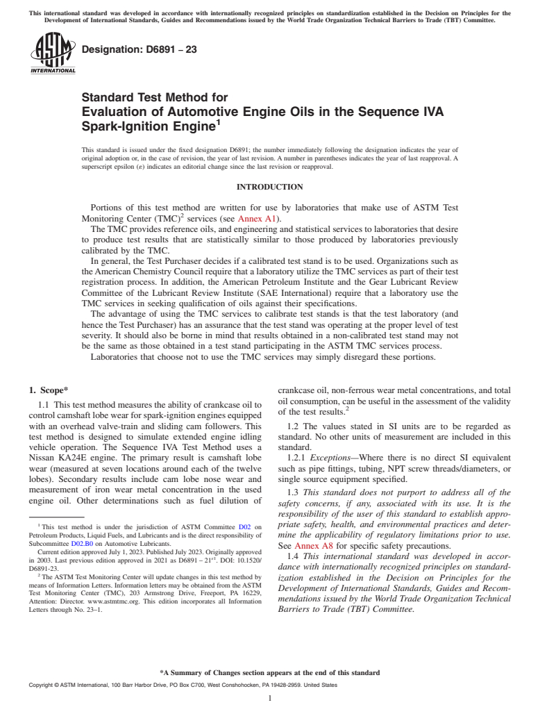 ASTM D6891-23 - Standard Test Method for  Evaluation of Automotive Engine Oils in the Sequence IVA Spark-Ignition   Engine