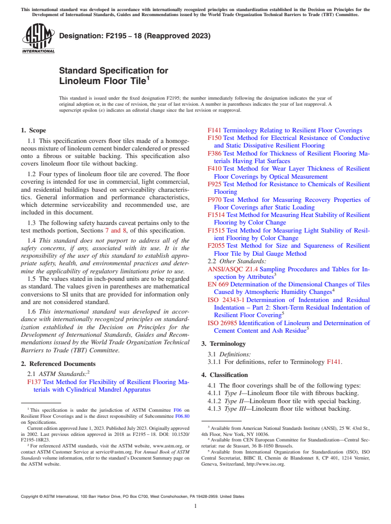 ASTM F2195-18(2023) - Standard Specification for  Linoleum Floor Tile