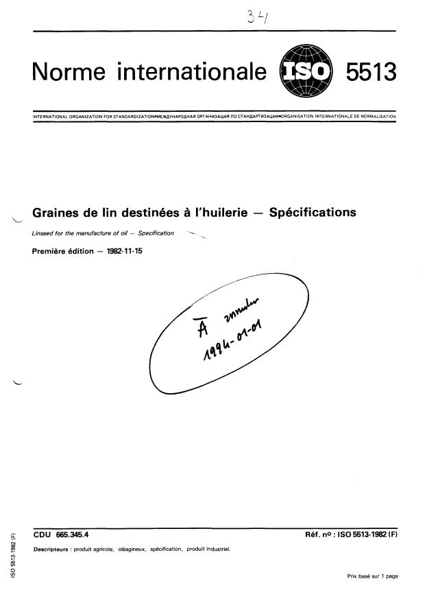 ISO 5513:1982 - Graines de lin destinées a l'huilerie -- Spécifications