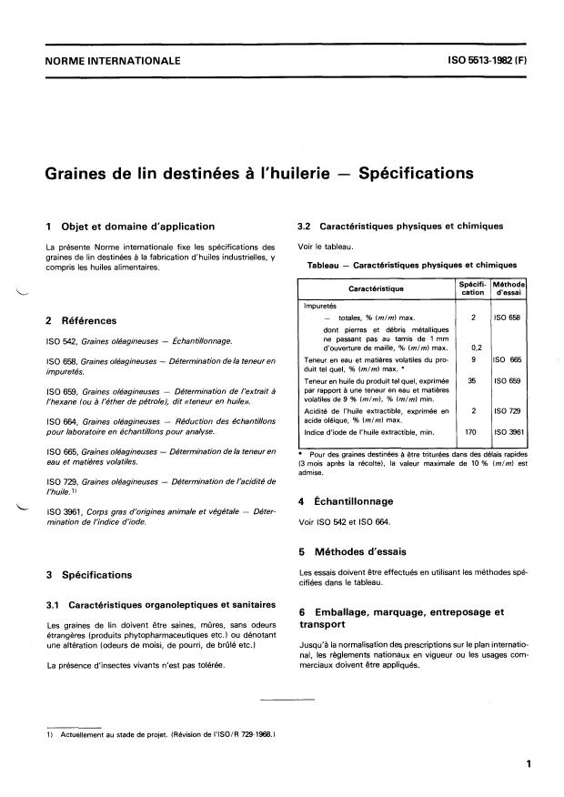 ISO 5513:1982 - Graines de lin destinées a l'huilerie -- Spécifications