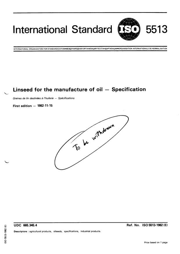 ISO 5513:1982 - Linseed for the manufacture of oil -- Specification