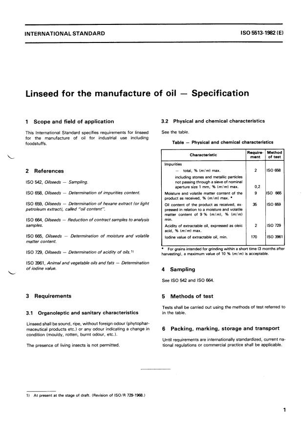 ISO 5513:1982 - Linseed for the manufacture of oil -- Specification