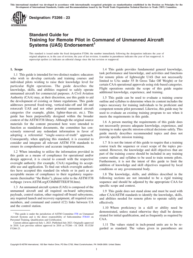 ASTM F3266-23 - Standard Guide for Training for Remote Pilot in Command of Unmanned Aircraft Systems  (UAS) Endorsement