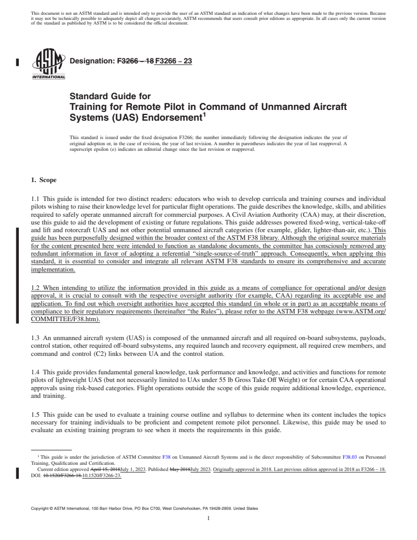 REDLINE ASTM F3266-23 - Standard Guide for Training for Remote Pilot in Command of Unmanned Aircraft Systems  (UAS) Endorsement