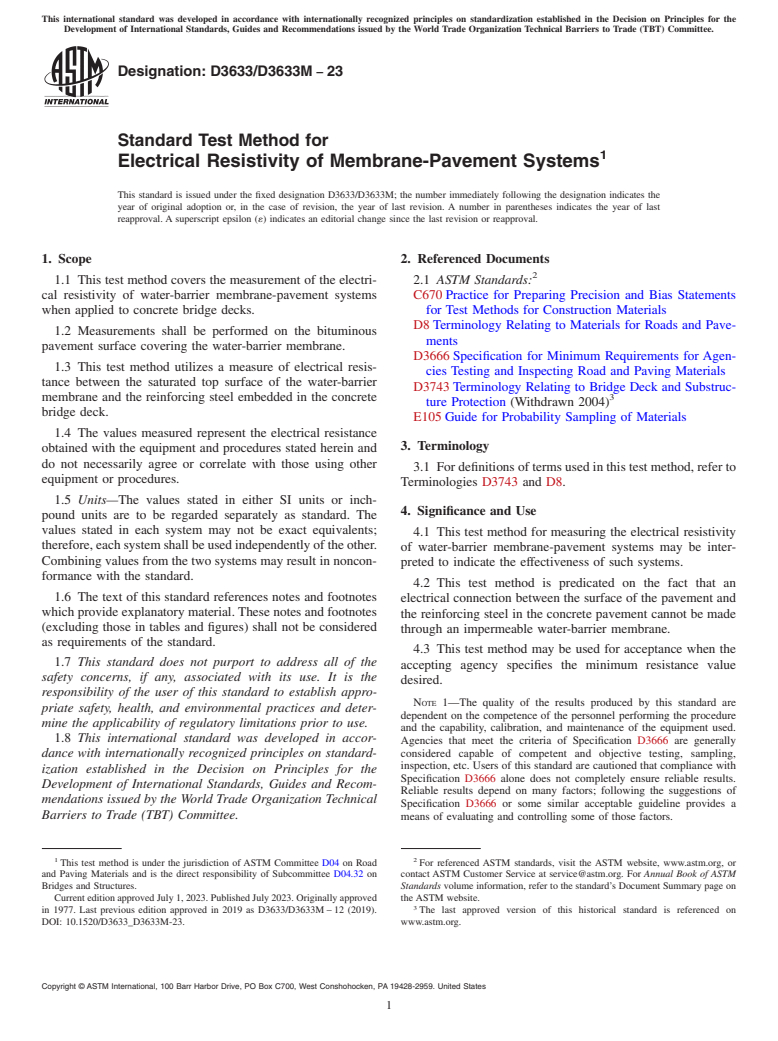 ASTM D3633/D3633M-23 - Standard Test Method for Electrical Resistivity of Membrane-Pavement Systems