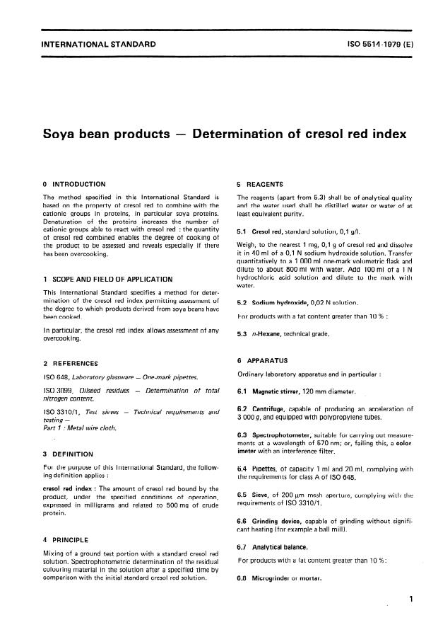 ISO 5514:1979 - Soya bean products -- Determination of cresol red index