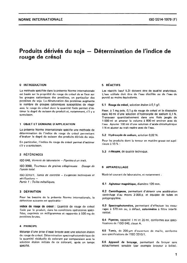 ISO 5514:1979 - Produits dérivés du soja -- Détermination de l'indice de rouge de crésol