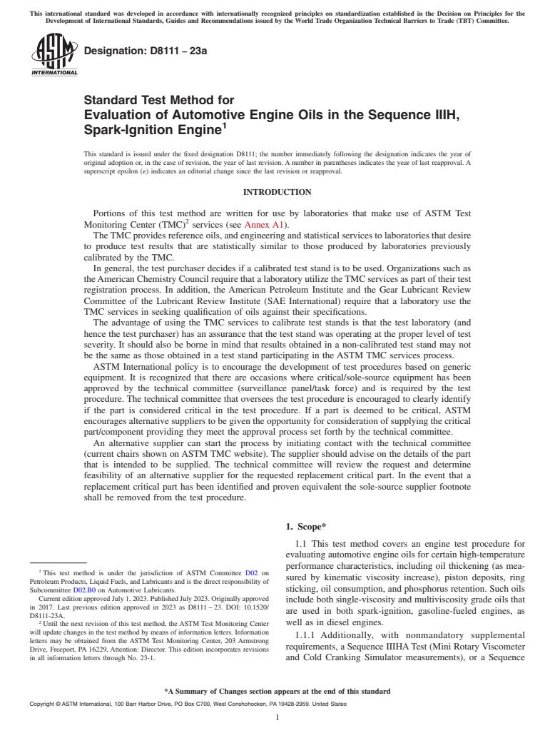 ASTM D8111-23a - Standard Test Method for Evaluation of Automotive Engine Oils in the Sequence IIIH,  Spark-Ignition Engine