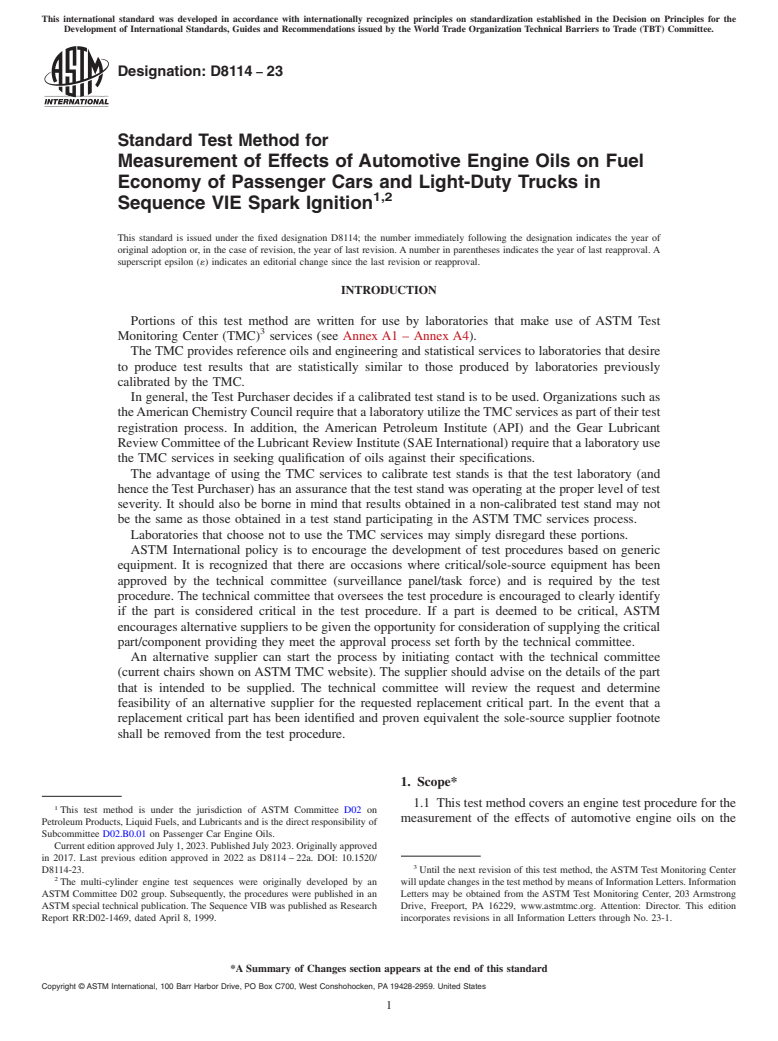 ASTM D8114-23 - Standard Test Method for Measurement of Effects of Automotive Engine Oils on Fuel Economy  of Passenger Cars and Light-Duty Trucks in Sequence VIE Spark Ignition