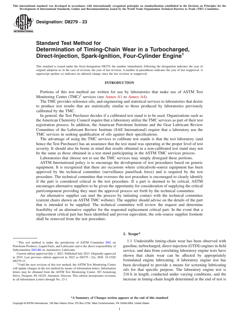 ASTM D8279-23 - Standard Test Method for Determination of Timing-Chain Wear in a Turbocharged, Direct-Injection,  Spark-Ignition, Four-Cylinder Engine