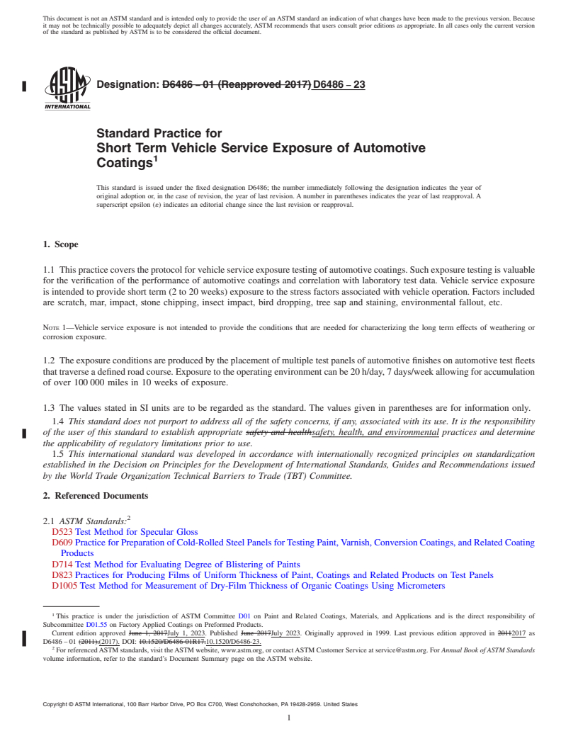 REDLINE ASTM D6486-23 - Standard Practice for Short Term Vehicle Service Exposure of Automotive Coatings