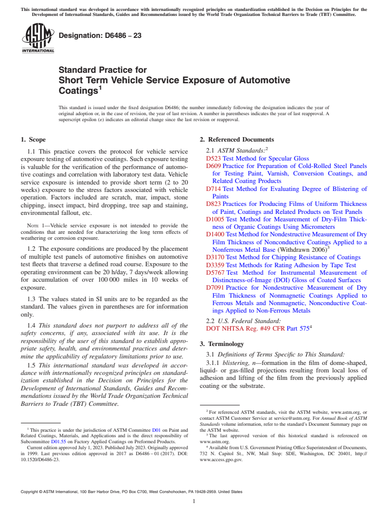 ASTM D6486-23 - Standard Practice for Short Term Vehicle Service Exposure of Automotive Coatings