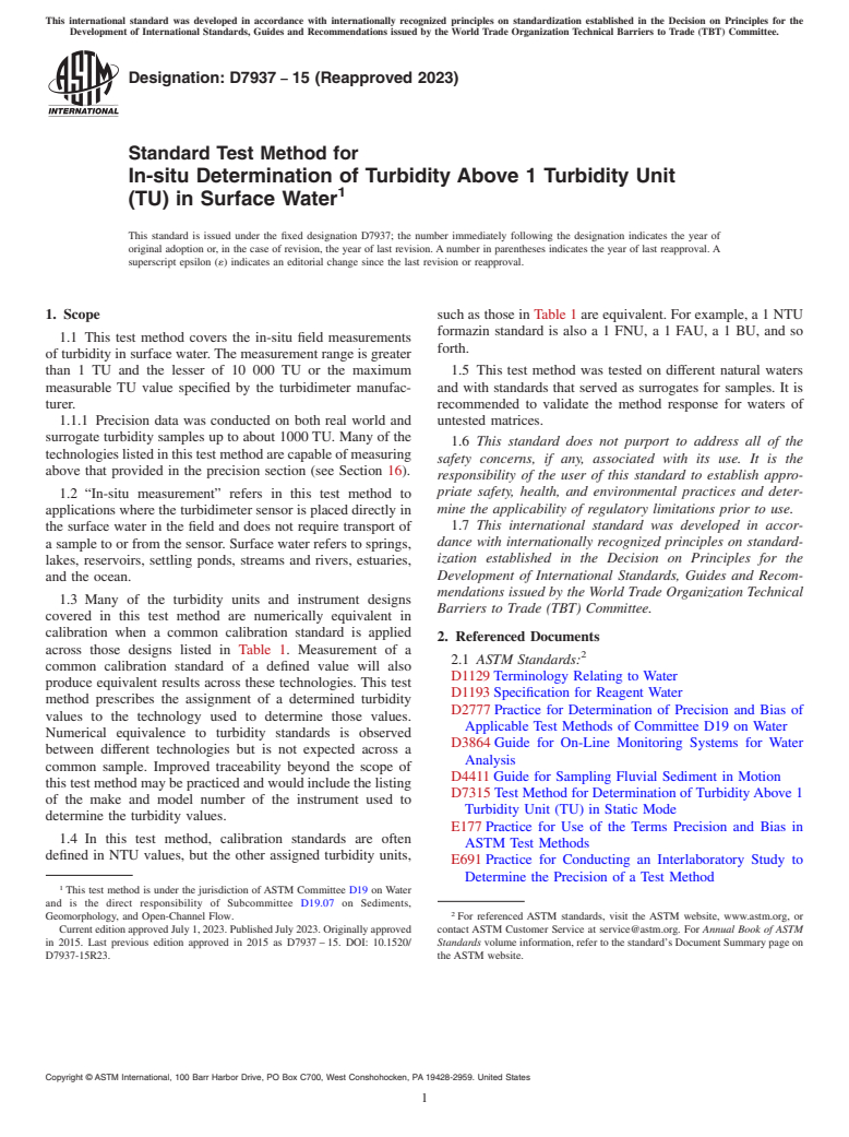 ASTM D7937-15(2023) - Standard Test Method for In-situ Determination of Turbidity Above 1 Turbidity Unit (TU)  in Surface Water