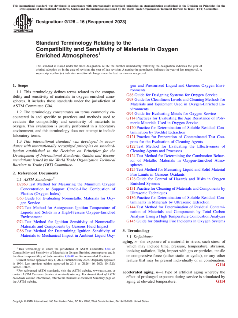 ASTM G126-16(2023) - Standard Terminology Relating to the  Compatibility and Sensitivity of Materials in Oxygen Enriched  Atmospheres