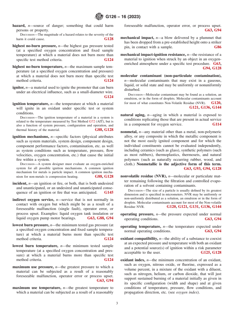 ASTM G126-16(2023) - Standard Terminology Relating to the  Compatibility and Sensitivity of Materials in Oxygen Enriched  Atmospheres