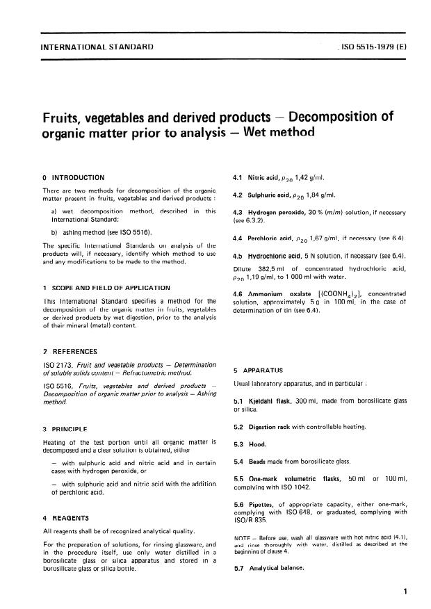 ISO 5515:1979 - Fruits, vegetables and derived products -- Decomposition of organic matter prior to analysis -- Wet method