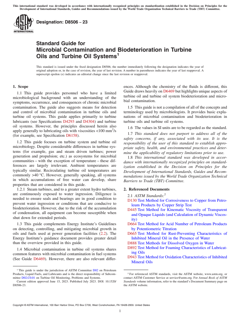 ASTM D8506-23 - Standard Guide for Microbial Contamination and Biodeterioration in Turbine Oils  and Turbine Oil Systems