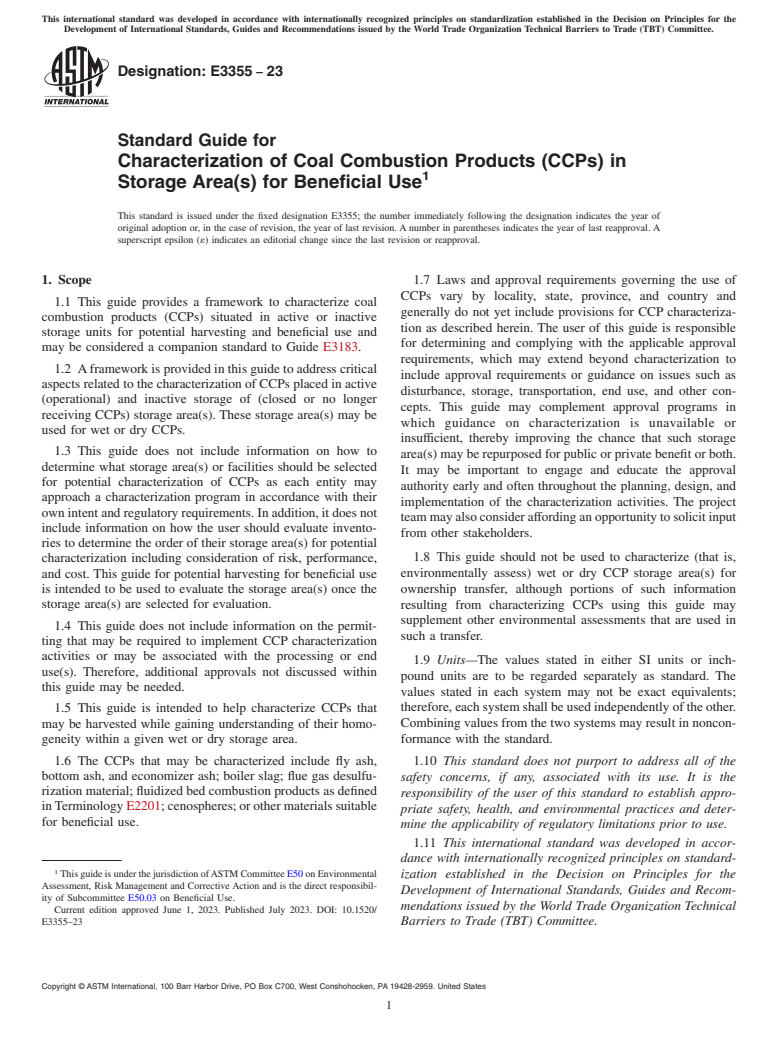 ASTM E3355-23 - Standard Guide for Characterization of Coal Combustion Products (CCPs) in Storage  Area(s) for Beneficial Use